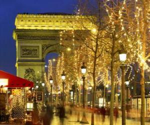 пазл Елисейские поля украшены к Рождеству с Триумфальной аркой на заднем плане. Париж, Франция